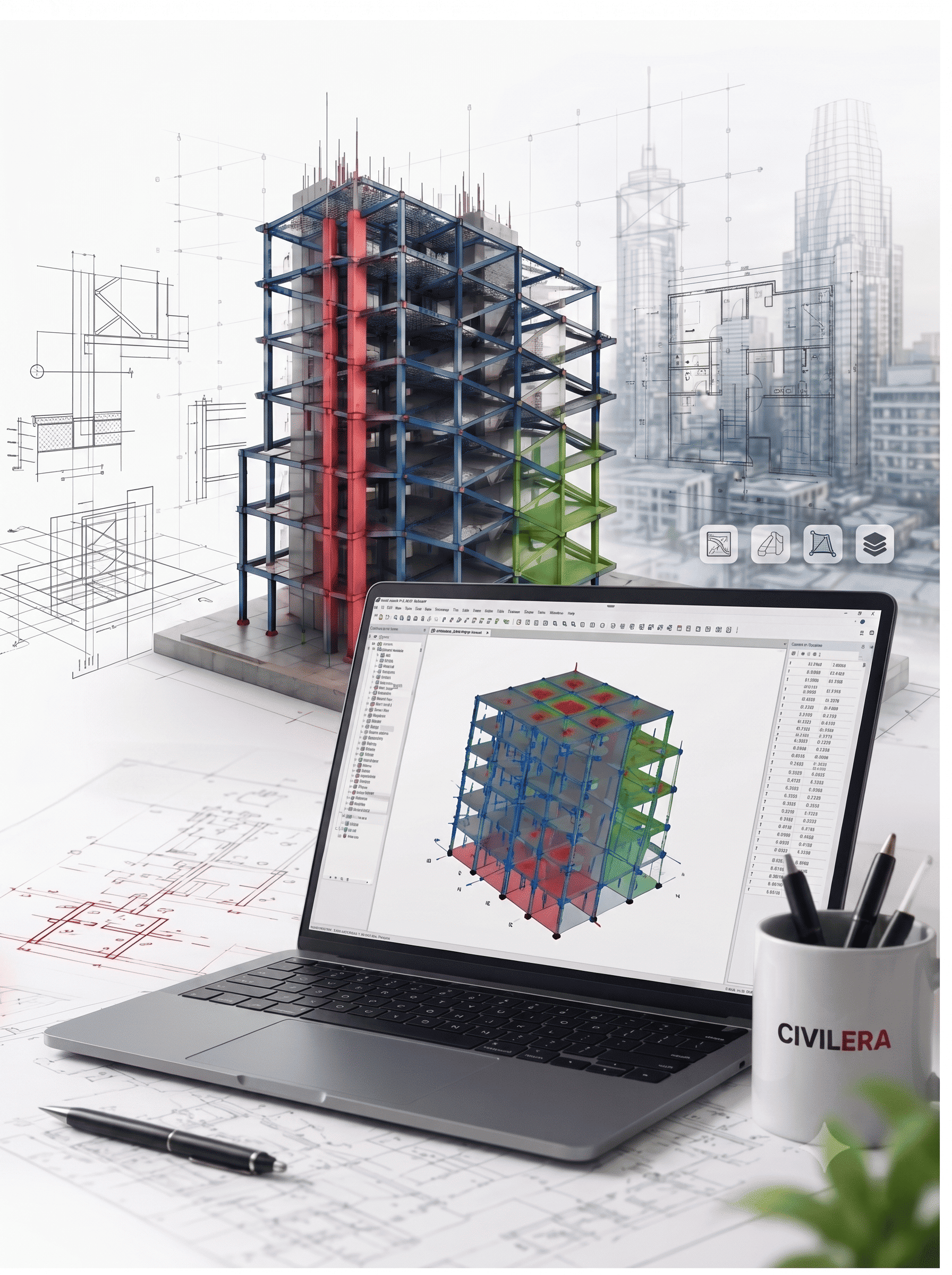 ETABS structural model on a laptop beside a physical building model and a CivilEra mug